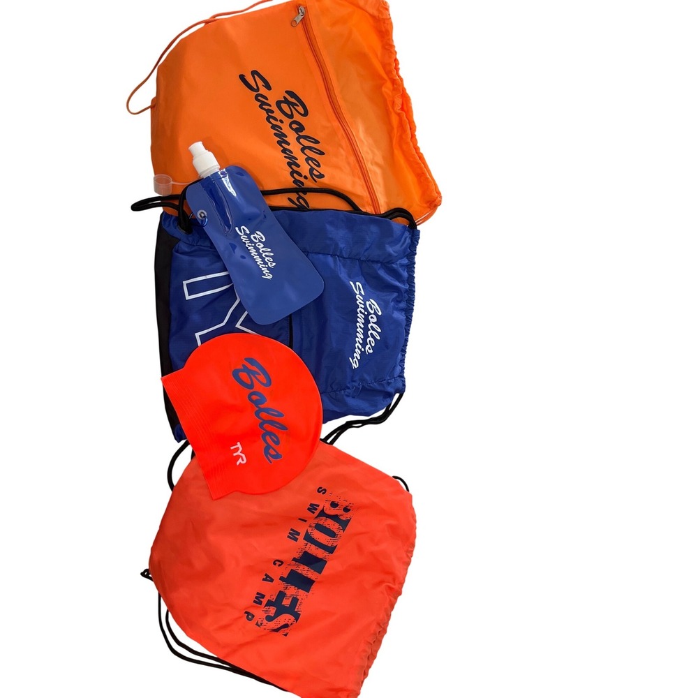 TYR Bolles Swimming Swim Camp Bundle 3 Cinch Bags Cap Water Bottle Orange Blue